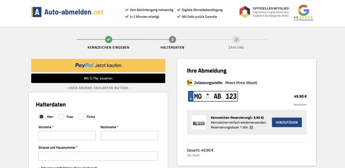 Bildschirmfoto: Halterdaten und Zahlung im Formular des Abmeldedienstes