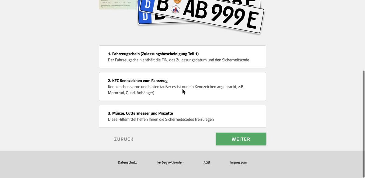 Bildschirmfoto: Was Sie bereitlegen sollen im Formular des Abmeldedienstes