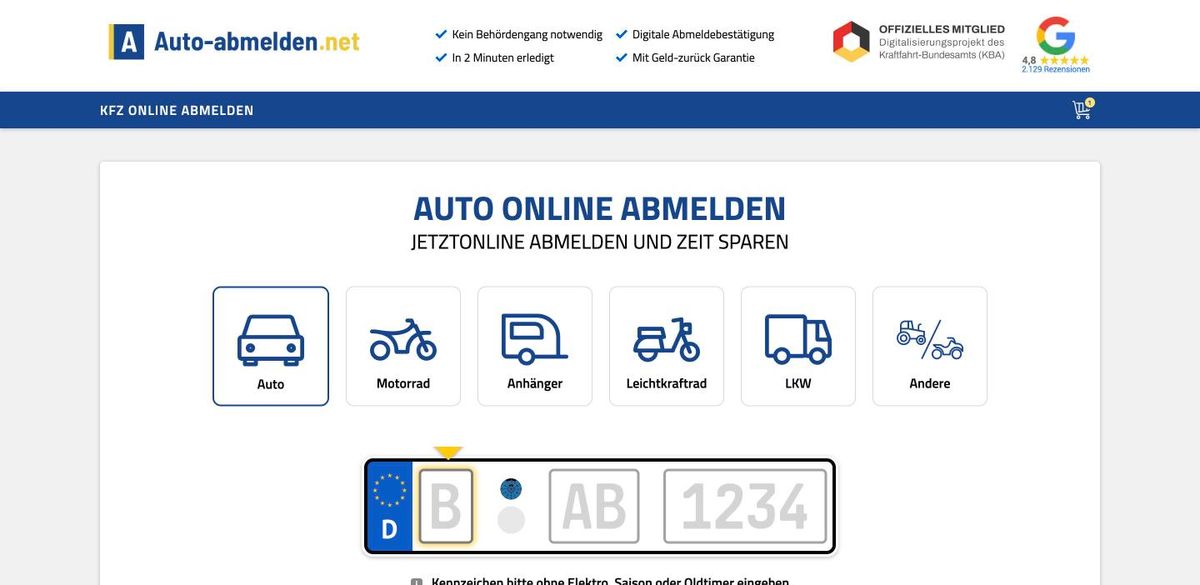 Bildschirmfoto: Fahrzeugart und Kennzeichen im Formular des Abmeldedienstes