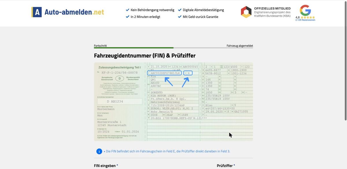 Bildschirmfoto: Fahrzeug-Identifizierungsnummer und Prüfziffer im Formular des Abmeldedienstes