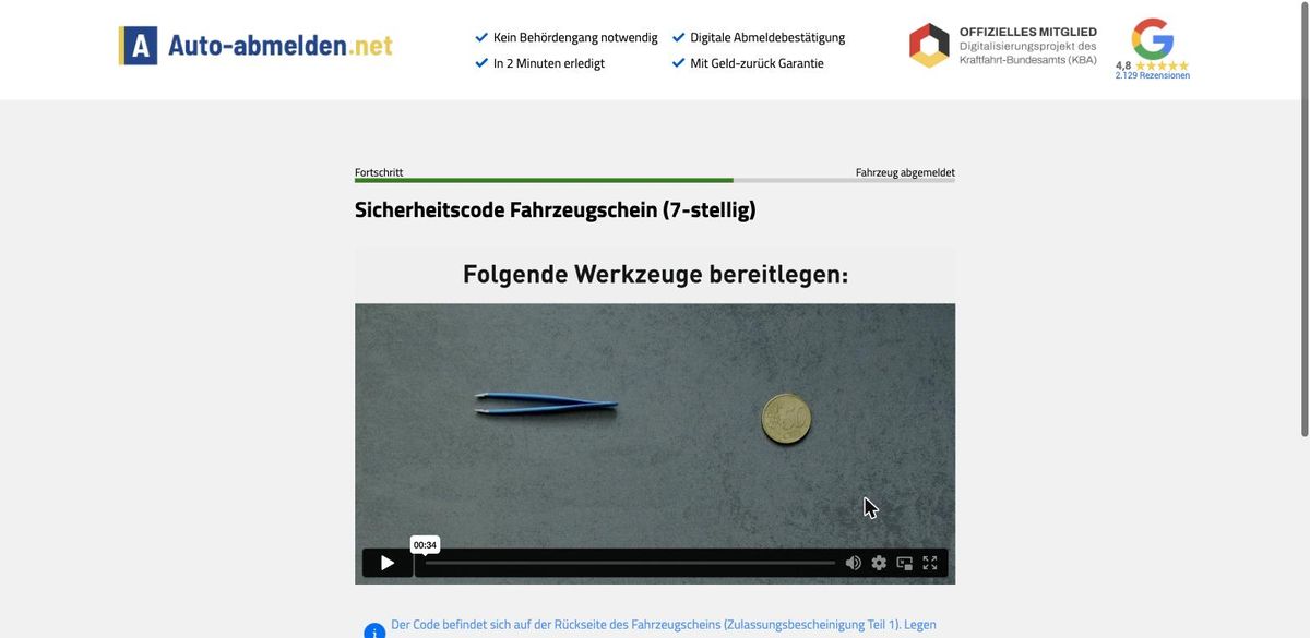 Bildschirmfoto: Sicherheitscode der Zulassungsbescheinigung im Formular des Abmeldedienstes