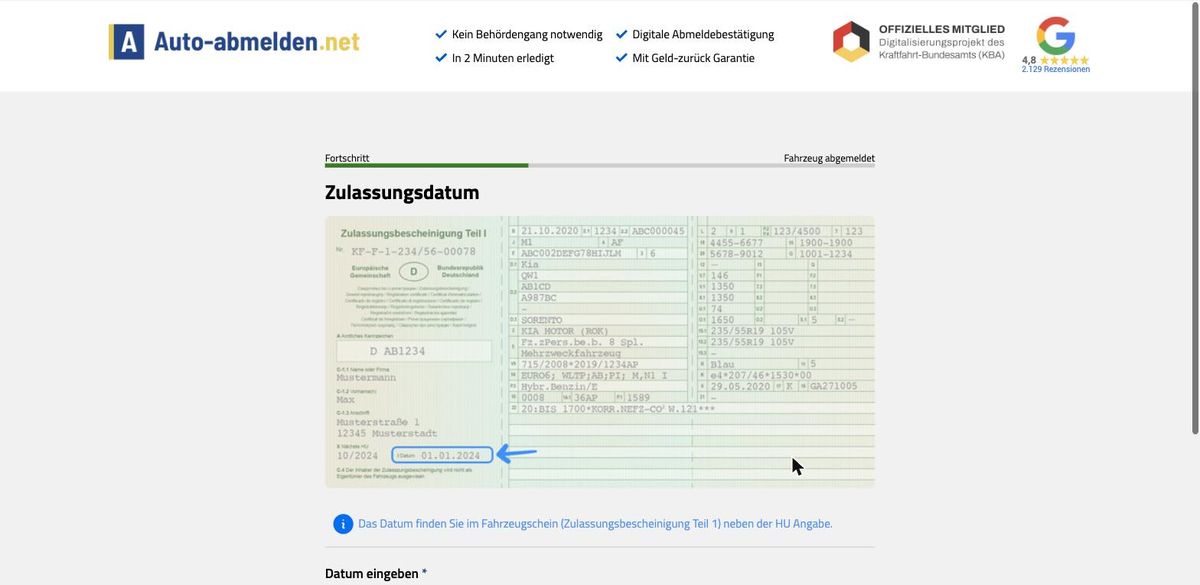 Bildschirmfoto: Zulassungsdatum im Formular des Abmeldedienstes